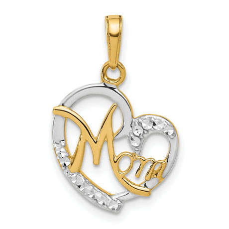 14k Two-Tone Gold Heart Pendant with Diamond-Cut Mom Script Design for Women