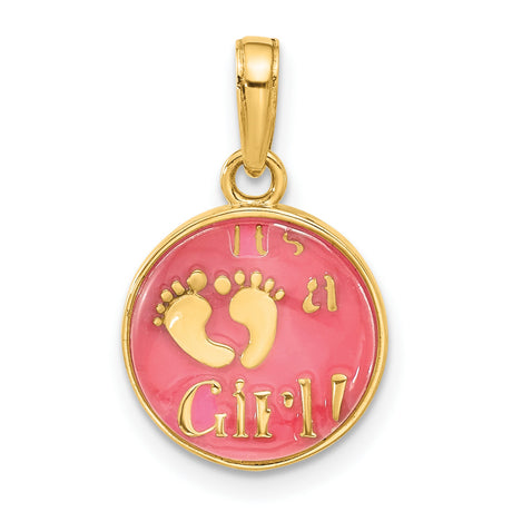 14k Yellow Gold Pendant, Pink Enamel Baby Footprint Design, Its a Girl Charm for Moms