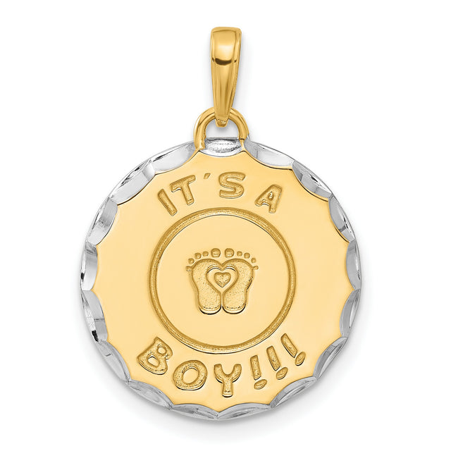 14k Multi-Tone Gold Round Pendant with Baby Footprints, Heart, and Its a Boy Charm