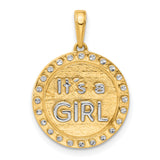 14k Yellow Gold and Rhodium Pendant, Its a Girl Text, Baby Girl Keepsake for Women