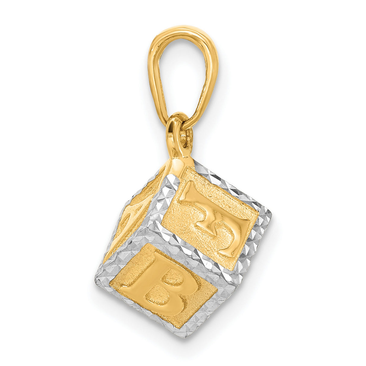 14k Yellow Gold and Rhodium Baby Block Pendant with Diamond Cut Letters, Motherhood Keepsake Charm