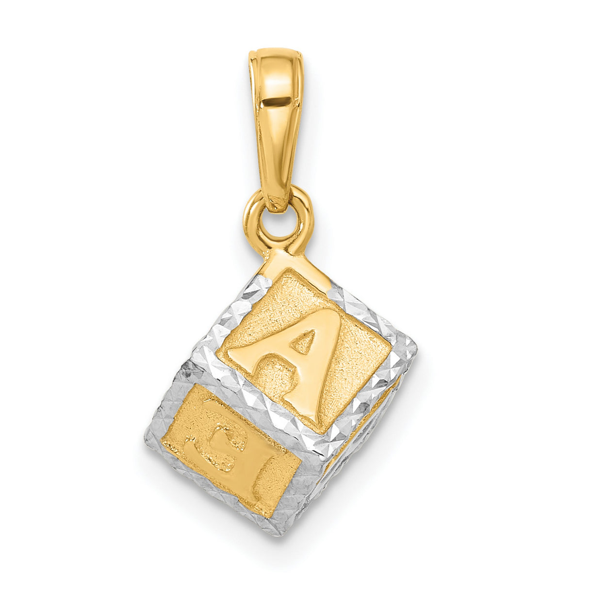 14k Yellow Gold and Rhodium Baby Block Pendant with Diamond Cut Letters, Motherhood Keepsake Charm