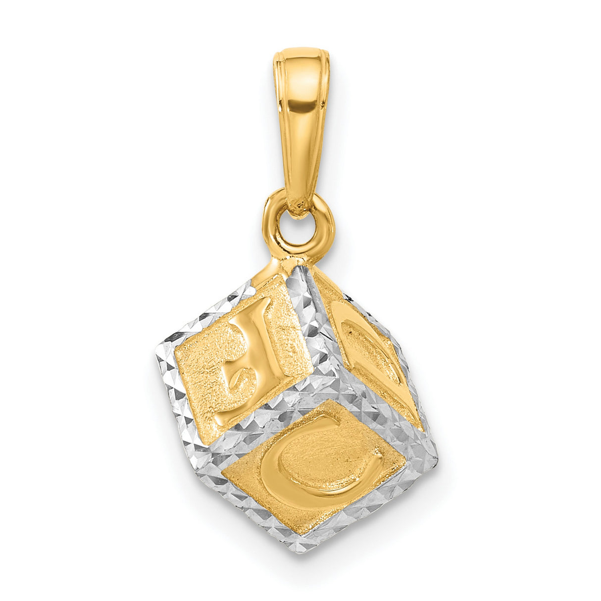 14k Yellow Gold and Rhodium Baby Block Pendant with Diamond Cut Letters, Motherhood Keepsake Charm