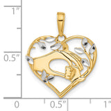 14k Multi-Tone Gold Heart Pendant with Openwork Hand in Heart and Leaf Design