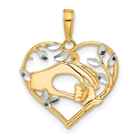 14k Multi-Tone Gold Heart Pendant with Openwork Hand in Heart and Leaf Design
