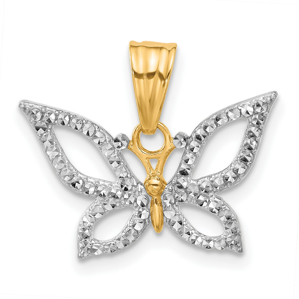14k Two-Tone Gold Butterfly Pendant with Diamond-Cut Texture and Filigree Wings
