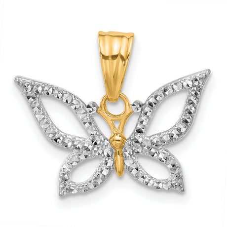 14k Two-Tone Gold Butterfly Pendant with Diamond-Cut Texture and Filigree Wings