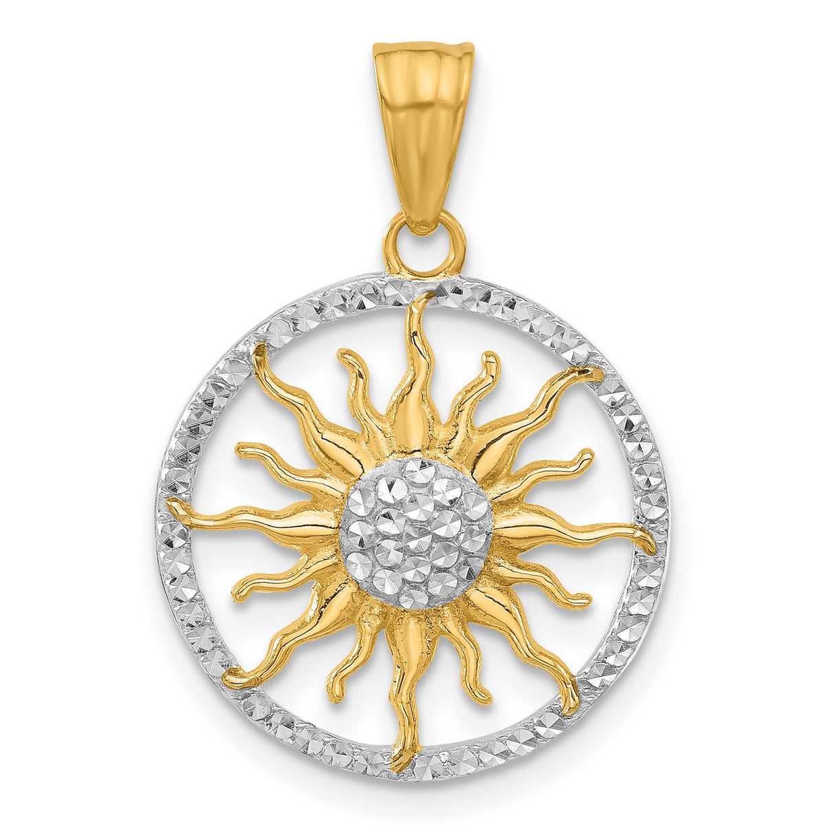 14k Two-Tone Gold Sunburst Pendant, Textured Circle Medallion, Celestial Boho Style for Women