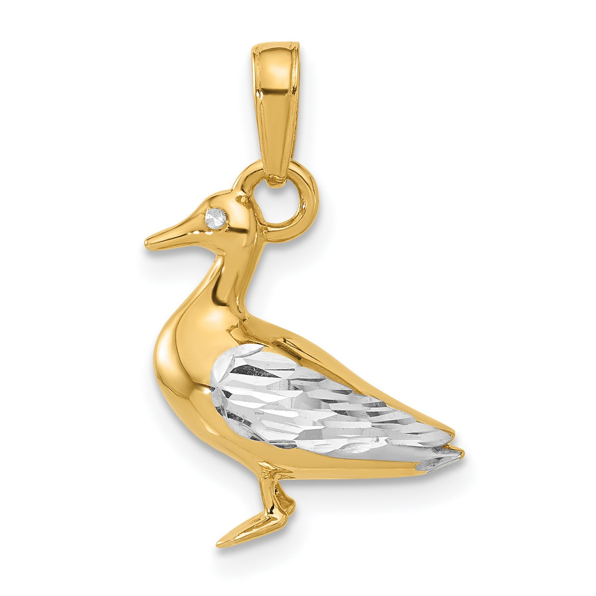 14k Two-Tone Gold Duck Pendant with Diamond-Cut Detailing, Animal Nature Jewelry Charm