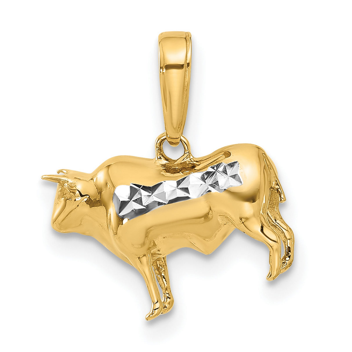 14k Multi-Tone Gold Bull Pendant with Diamond Cut Detailing, Taurus Zodiac Charm