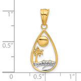 14k Multi-Tone Gold Teardrop Pendant with Palm Tree, Sun, and Textured Waves