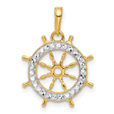 14k Multi-Tone Gold Ship Wheel Pendant, Textured Nautical Helm Design Charm