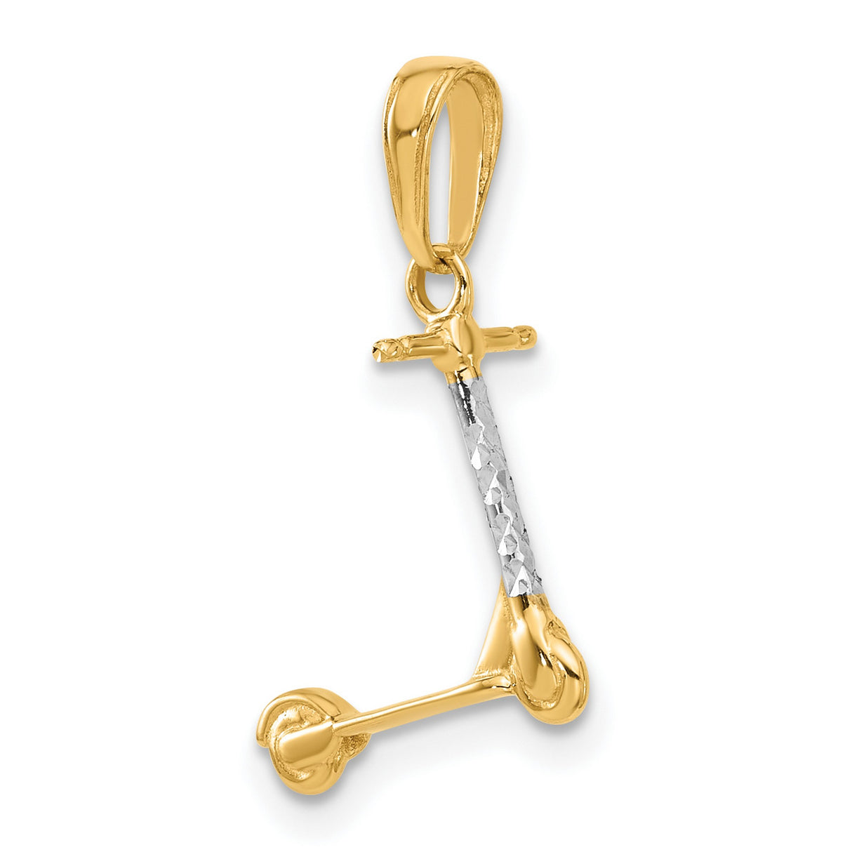 14k Yellow Gold Scooter Pendant, Textured and Polished Mini Kick Scooter Charm, Unisex Jewelry