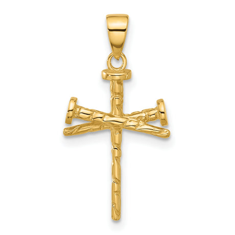 14k Yellow Gold Nail Cross Pendant with Textured Details, Rugged Religious Symbol for Men and Women