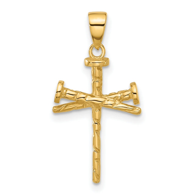 14k Yellow Gold Nail Cross Pendant with Textured Details, Rugged Religious Symbol for Men and Women