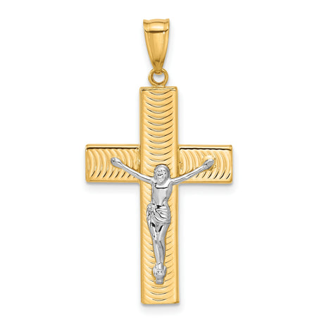 14k Multi-Tone Gold Crucifix Cross Pendant with Jesus Figure, Polished and Textured Design
