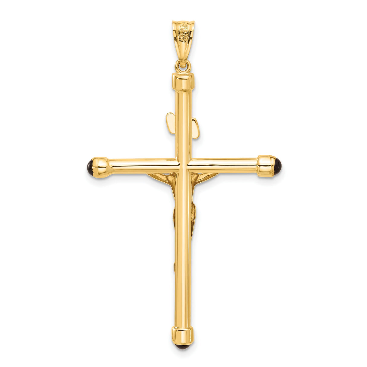14k Yellow Gold Crucifix Pendant with Onyx and Jesus Figure, Religious Christian Jewelry
