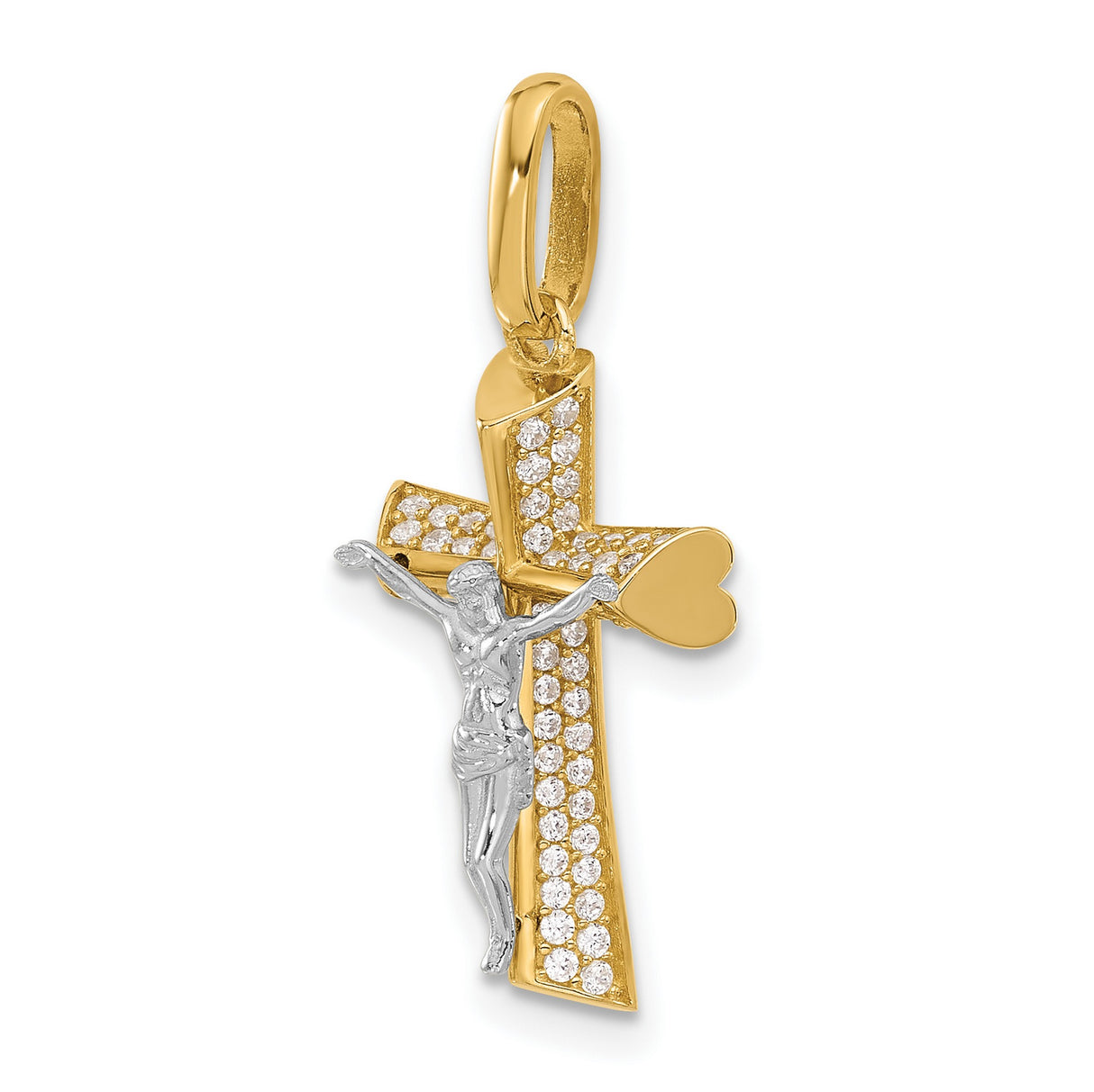 Polished CZ Crucifix with Heart Ends Charm Pendant in Real 14k Multi-Tone Gold