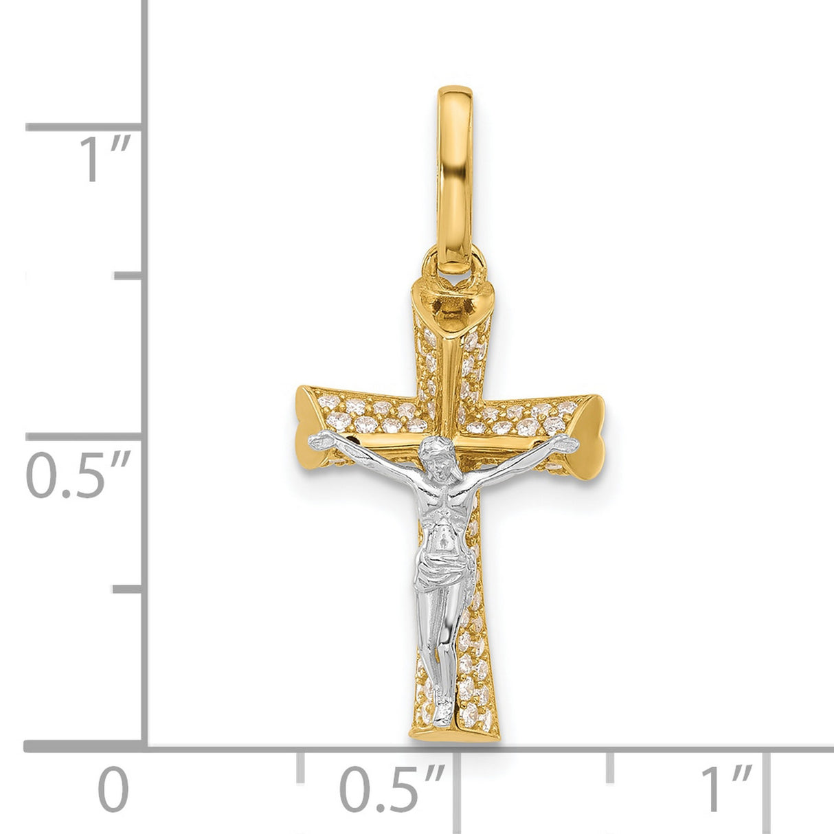 Polished CZ Crucifix with Heart Ends Charm Pendant in Real 14k Multi-Tone Gold