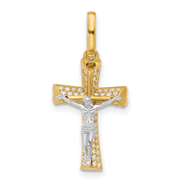 Polished CZ Crucifix with Heart Ends Charm Pendant in Real 14k Multi-Tone Gold