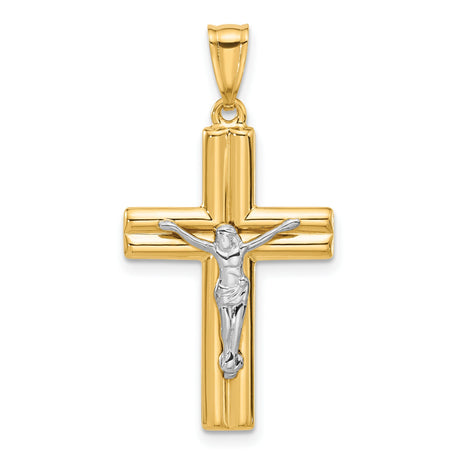 14k Two-Tone Gold Crucifix Pendant with Polished Beveled Cross and Textured Christ Figure