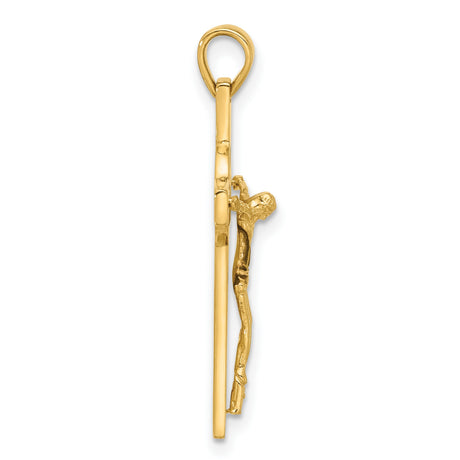 14k Yellow Gold Crucifix Cross Pendant with Christ Figure and Saint Benedict Medallion