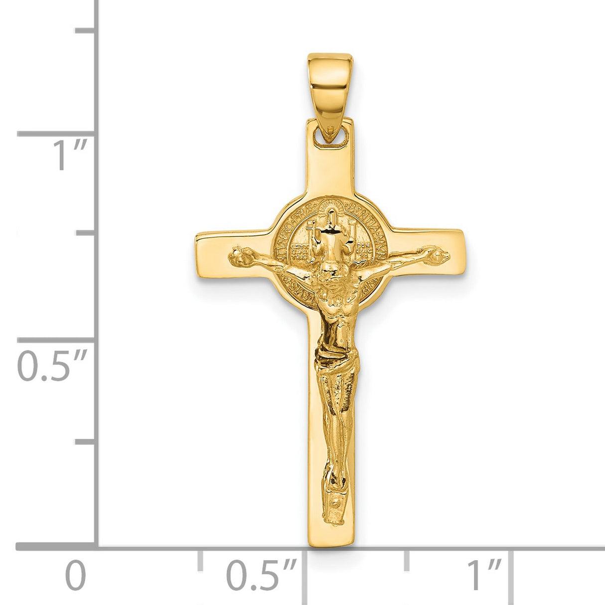 14k Yellow Gold Crucifix Cross Pendant with Christ Figure and Saint Benedict Medallion