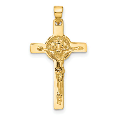 14k Yellow Gold Crucifix Cross Pendant with Christ Figure and Saint Benedict Medallion