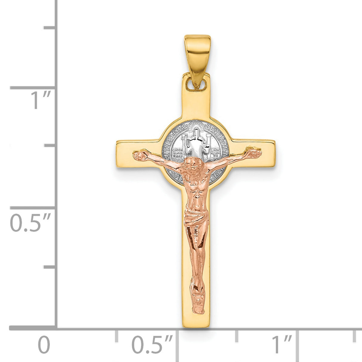 Crucifix and St Benedict Charm Pendant in Real 14k Multi-Tone Gold