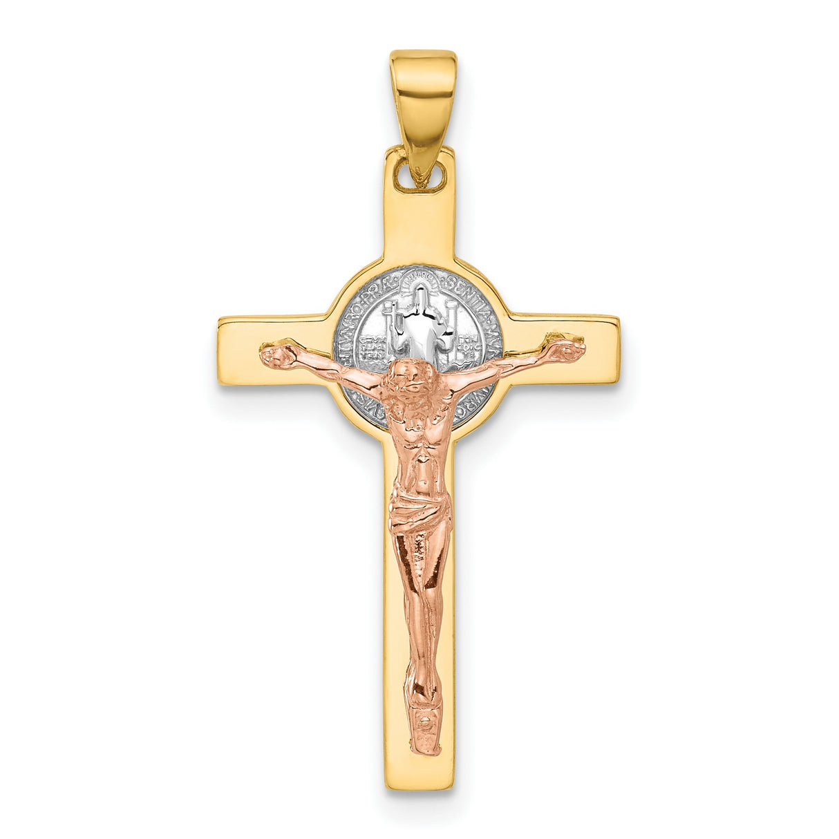 Crucifix and St Benedict Charm Pendant in Real 14k Multi-Tone Gold