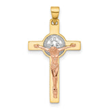 Crucifix and St Benedict Charm Pendant in Real 14k Multi-Tone Gold