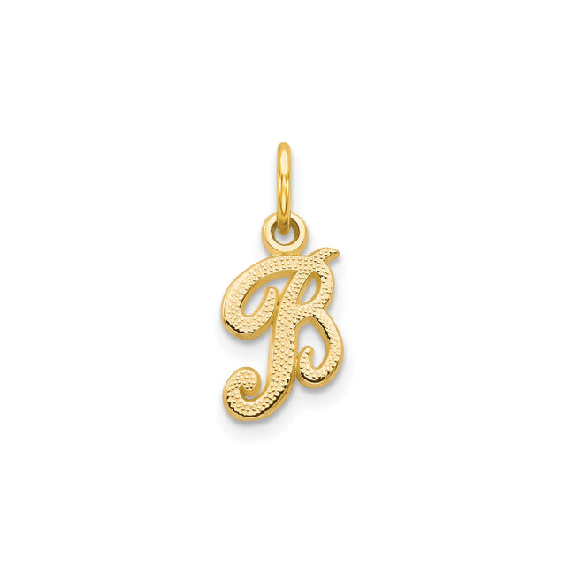 14k Yellow Gold Letter R Pendant Charm, Textured Script Initial Design