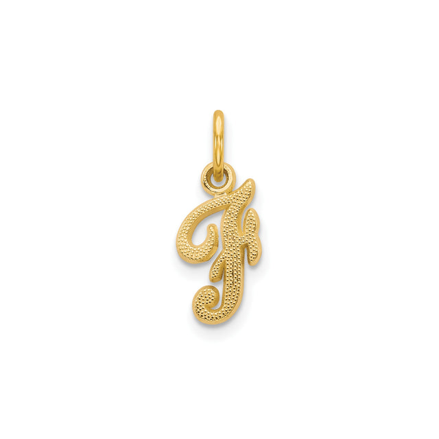 14k Yellow Gold Initial F Pendant Charm, Textured Cursive Alphabet Design