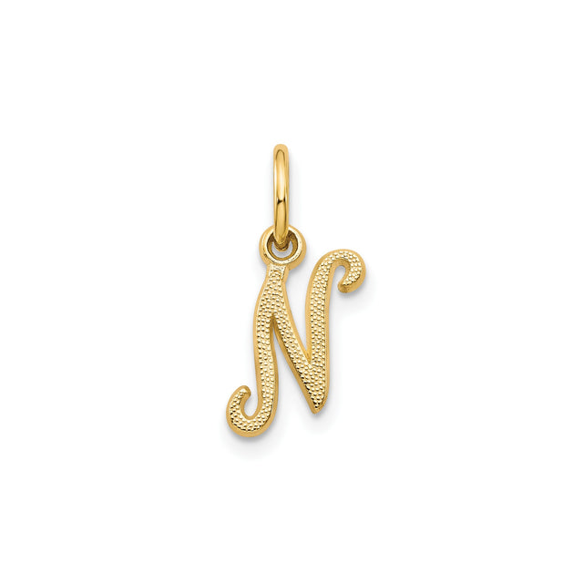 14k Yellow Gold Script Letter N Pendant Charm with Textured Finish for Women