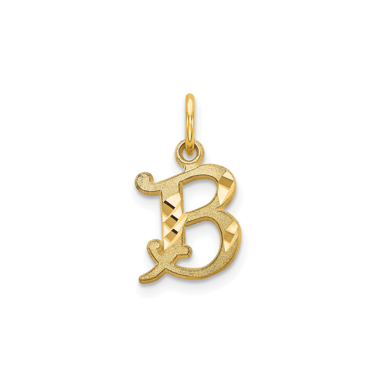 14k Yellow Gold Initial B Pendant with Polished Finish and Textured Script Letter Design