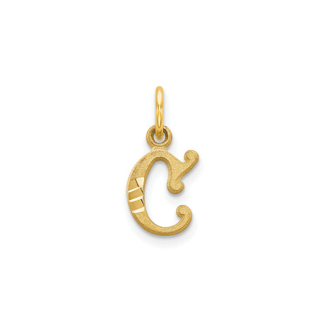 14k Yellow Gold Script Initial C Pendant Charm with Textured and Polished Finish