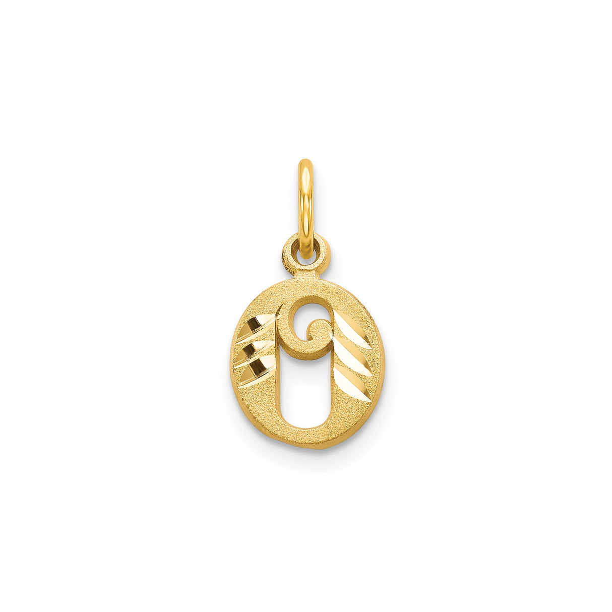 14k Yellow Gold Letter O Pendant, Textured Initial Charm with Polished Swirl Center