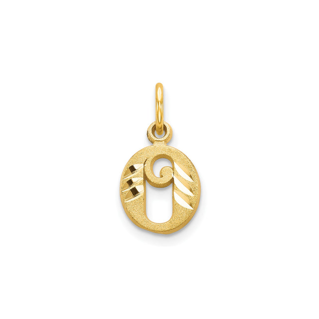 14k Yellow Gold Letter O Pendant, Textured Initial Charm with Polished Swirl Center