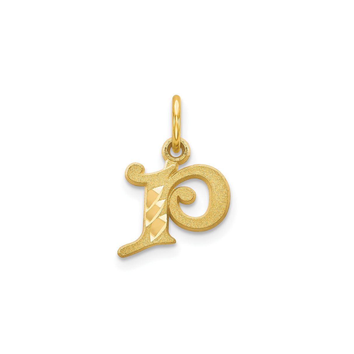 14k Yellow Gold Initial Pendant, Letter P Script Design with Diamond Cut Accents