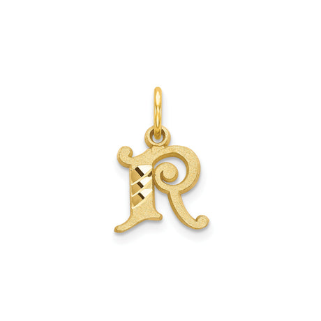 14k Yellow Gold Letter R Pendant Charm, Gothic Style Monogram with Polished Textured Finish
