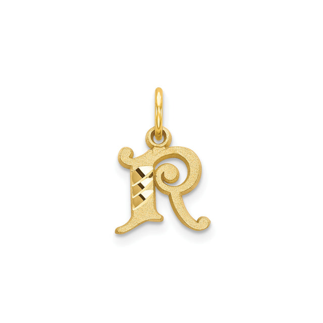14k Yellow Gold Letter R Pendant Charm, Gothic Style Monogram with Polished Textured Finish