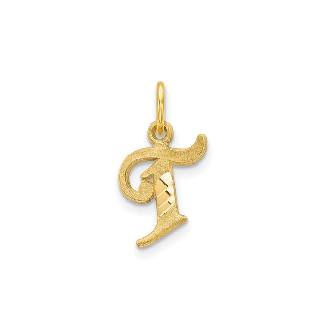 14k Yellow Gold Initial Pendant T, Textured and Polished Letter Charm with Diagonal Accents