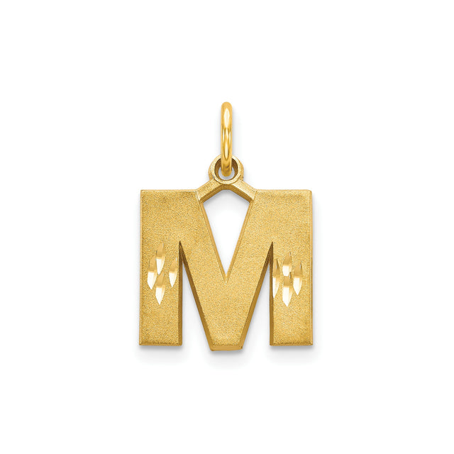 14k Yellow Gold Letter M Pendant with Brushed Finish and Diamond Cut Accents