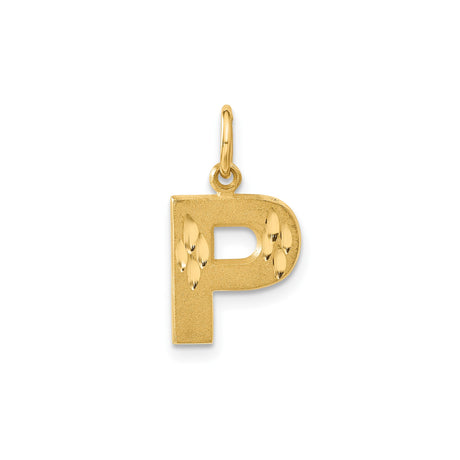 14k Yellow Gold Letter P Pendant Charm with Diamond Cut Finish, Textured Initial Design