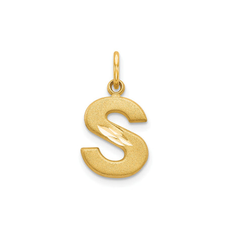 14k Yellow Gold Letter S Pendant, Textured Satin Finish, High Polish Monogram Charm
