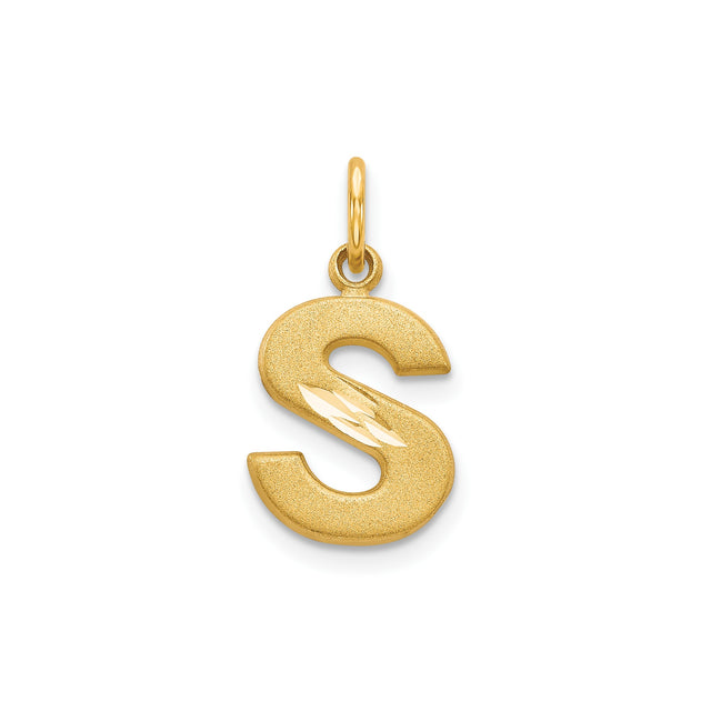14k Yellow Gold Letter S Pendant, Textured Satin Finish, High Polish Monogram Charm