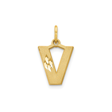 14k Yellow Gold Letter V Pendant, Textured Finish with Diamond Cut Details, Unisex Monogram Charm