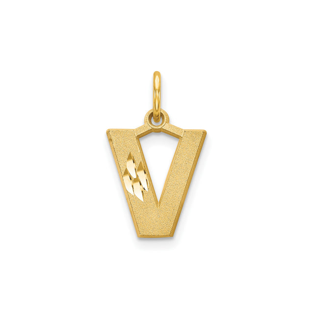 14k Yellow Gold Letter V Pendant, Textured Finish with Diamond Cut Details, Unisex Monogram Charm