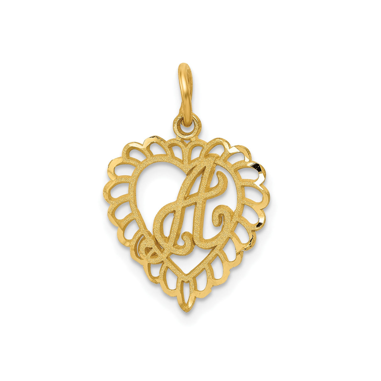 14k Yellow Gold Heart Pendant with Script Letter A and Ornate Cutout Design