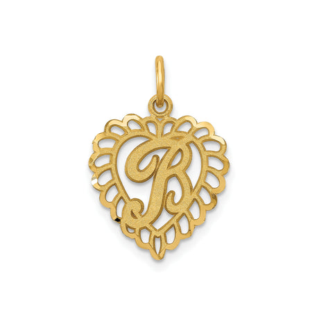 14k Yellow Gold Heart Pendant with Script Letter R, Scalloped Openwork Design